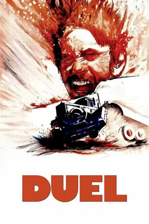 The poster features a man with glasses and a mustache, wearing a blue shirt against a dark background. The title "DUEL" is prominently displayed in bold, distressed white letters. The overall mood is intense and dramatic, with a sense of urgency and conflict.