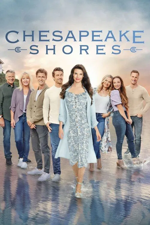 The poster features a group of seven young adults standing on a reflective, shimmering surface that mirrors their faces. The central figure wears a light blue dress, while others wear casual, varied outfits in earthy tones like browns, greens, and blues. The sky above is soft with hues of blue an...