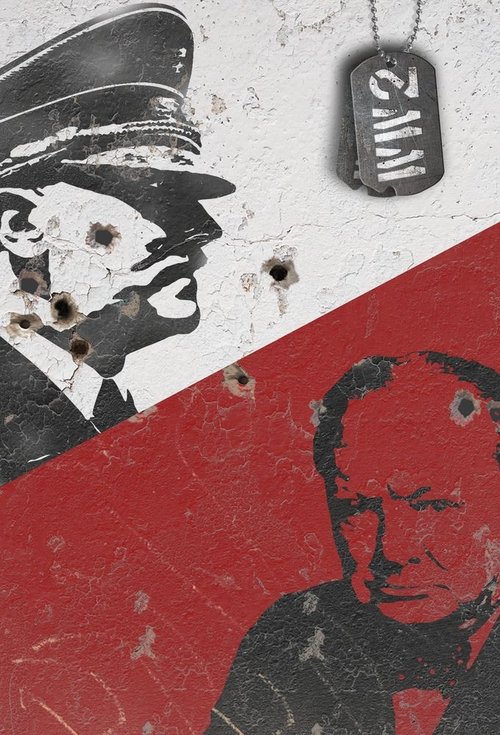This poster depicts a gritty World War II scene with soldiers in a red and white color scheme, creating a somber and historical atmosphere. The image features a soldier in a military uniform, a dog tag, and a soldier's face, all rendered in a stylized, almost comic-book manner. The muted tones an...