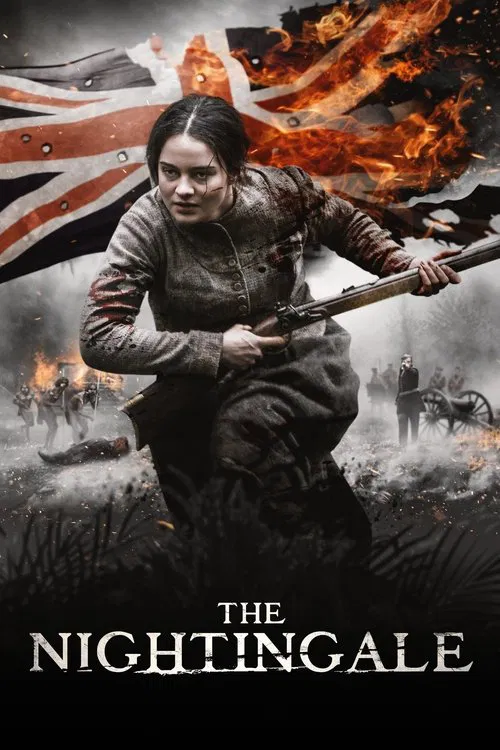 The poster features a determined woman in a dark, moody forest setting, holding a rifle with a serious expression. The muted green and brown tones evoke a sense of danger and mystery, while the silhouette of a bird adds to the eerie atmosphere.