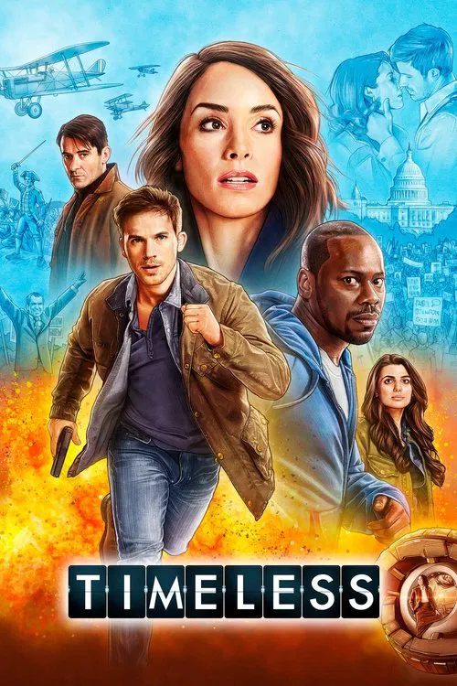 This poster features a dramatic scene with a woman in the center, surrounded by four other characters in action poses against a fiery background. The colors are vibrant, with warm oranges and yellows contrasting against the cool blues and purples. The mood is intense and adventurous, suggesting a...