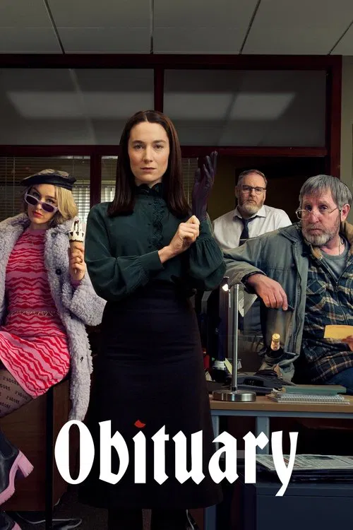 The poster features a dramatic scene with four characters in a dimly lit room, creating a somber and mysterious atmosphere. The woman in the center, dressed in dark clothing, stands out against the muted background, while others in period attire add to the historical feel. The title "Obituary" is...