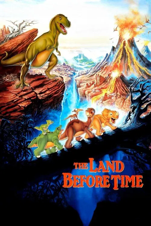 The poster features a group of animated dinosaurs on a wooden log, with a vibrant blue sky and distant mountains in the background. The title "The Land Before Time" is prominently displayed in bold, colorful letters. The overall mood is adventurous and playful, capturing the essence of the belove...