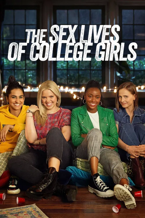 The poster features a group of diverse college girls in a hallway, exuding confidence and camaraderie. Vibrant colors like yellow, blue, and pink pop against the warm tones of the room. The mood is energetic and youthful, capturing the essence of college life.
