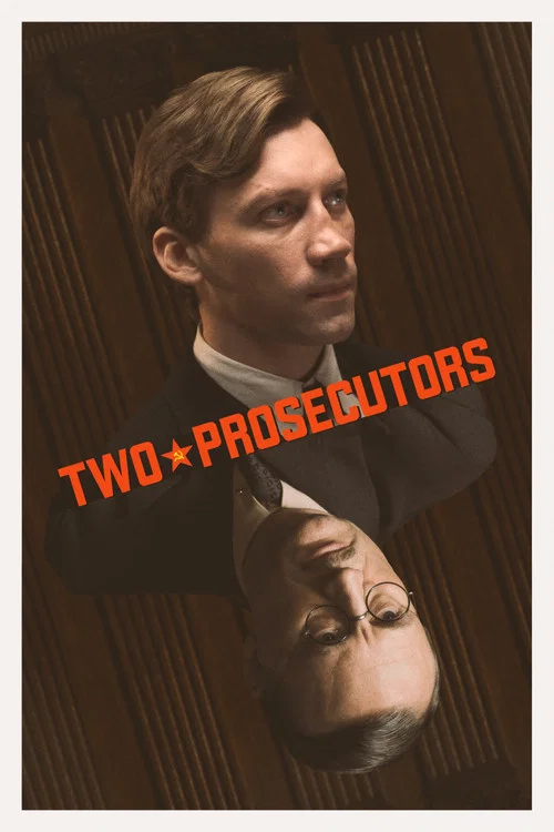 The poster features a man in a dark vest and white shirt, looking intently at another figure whose silhouette looms in the foreground. Warm lighting casts soft shadows, creating an atmosphere of mystery and intrigue. The title "Two Prosecutors" is prominently displayed in bold, white letters.