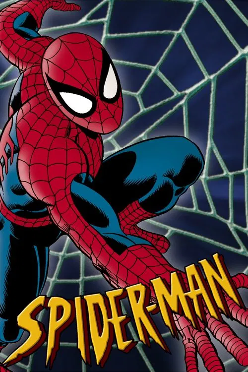 This vibrant poster features Spider-Man in dynamic action, his red and blue suit glowing against a dark web background. The bold yellow text "Spider-Man" dominates the lower portion, capturing the iconic superhero's essence with energy and excitement.