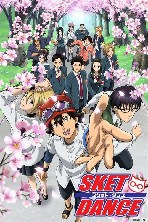 This vibrant poster features a lively scene with characters in motion, surrounded by cherry blossoms and a bright, cheerful atmosphere. The colorful palette and dynamic poses convey a sense of fun and energy, perfectly capturing the essence of the show's upbeat and entertaining spirit.