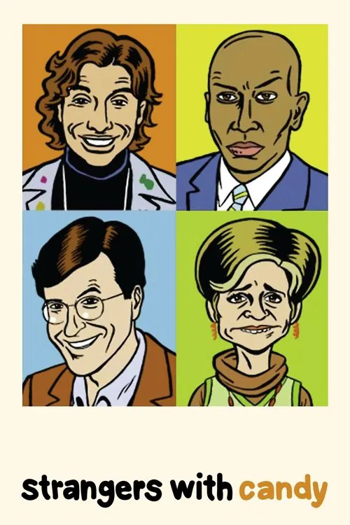 This vibrant poster features four distinct characters in colorful, stylized portraits against a yellow background. The warm tones and playful illustrations evoke a cheerful, nostalgic mood, suggesting a fun and engaging narrative about friendship and discovery.