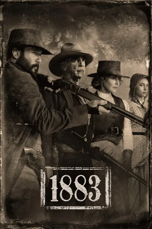The poster features four men in 19th-century Western attire, including hats and coats, holding rifles. The sepia-toned image evokes a gritty, historical atmosphere. The number "1883" is prominently displayed at the bottom, suggesting a connection to the American Civil War era.