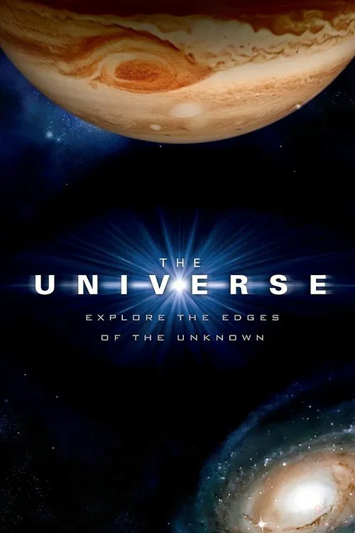 The cosmic poster features a swirling nebula in vibrant orange and purple hues against a deep black space backdrop. The title "The Universe" glows in white with a radiant burst of light emanating from the center, evoking wonder and mystery. The bottom right corner reveals a distant galaxy, hintin...