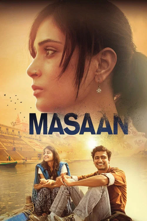 The poster features a vibrant scene with a young man in a light shirt, surrounded by a diverse group of people in colorful clothing. The ocean backdrop suggests a journey or adventure. The title "Masaan" is prominently displayed in bold blue letters. The overall mood is adventurous and warm, hint...