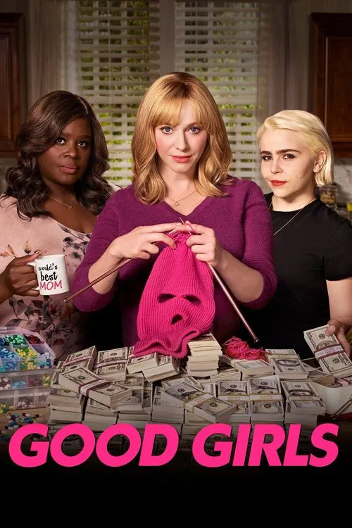 The poster features three women with distinct hairstyles and expressions, surrounded by stacks of cash. The central woman holds a pink piggy bank, symbolizing financial struggle. The vibrant colors and dramatic lighting create a tense, suspenseful mood, hinting at the show's themes of financial h...