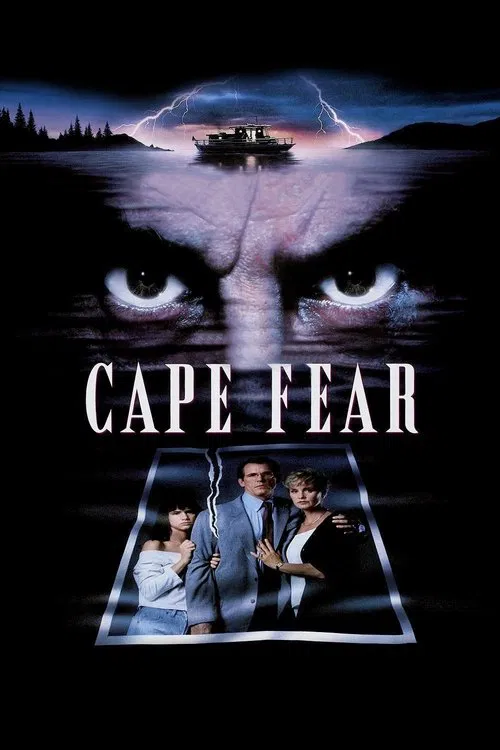 The poster features a menacing face with piercing eyes and lightning, evoking fear and suspense. Below, three figures stand in a dramatic pose, hinting at the thriller genre. The dark, moody colors and ominous lighting create an intense atmosphere, promising a gripping tale of survival and danger.