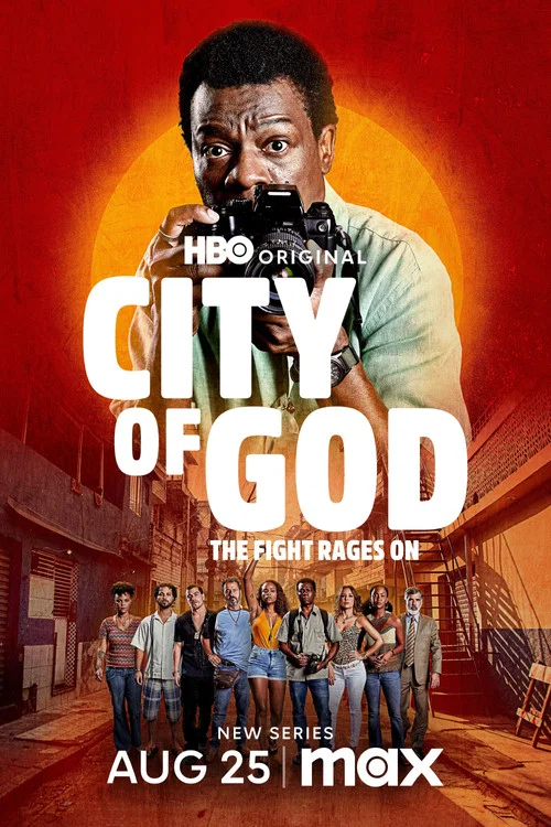 The poster features a gritty, intense scene with a man in a green shirt holding a gun against a fiery orange background. Below, a group of diverse characters stand in a dimly lit alleyway, suggesting a crime drama setting. The bold, white text "City of God" dominates the image, while the tagline ...