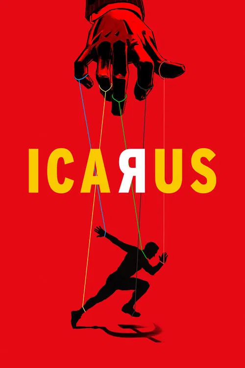The poster features a striking red background with a silhouette of a man on a swing suspended by strings, evoking themes of human vulnerability and control. The word "ICARUS" in bold yellow letters dominates the center, creating a powerful visual contrast against the vivid red backdrop. The overa...