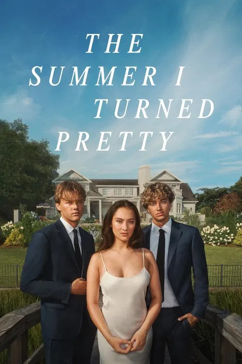 The poster features three characters in formal attire against a backdrop of a grand house under a bright blue sky. The warm tones of the dress and the lush greenery evoke a romantic summer mood, suggesting a story of love and transformation.
