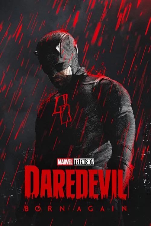 The poster features a split face: one side shows the menacing face of the titular Daredevil in black and white, while the other displays a shadowy, menacing figure in red. The dark, gritty atmosphere and intense colors convey a sense of danger and suspense.