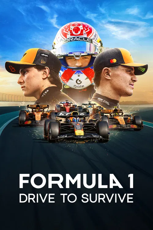 A Formula 1 car dominates the frame at night, with its sleek black and yellow livery glowing under the stadium lights. The bold text "FORMULA 1" and "DRIVE TO SURVIVE" sets a dramatic tone, while the blurred background hints at a high-stakes race atmosphere.