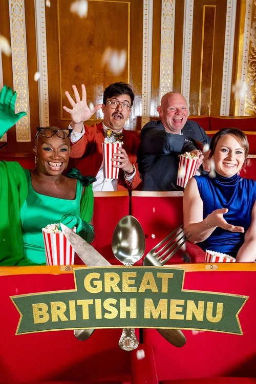 The poster features a dramatic black background with a silver fork and knife crossed over a spoon, evoking a classic dining atmosphere. Bold white text announces "Great British Menu," suggesting an engaging culinary challenge or competition. The overall mood is mysterious yet inviting, hinting at...