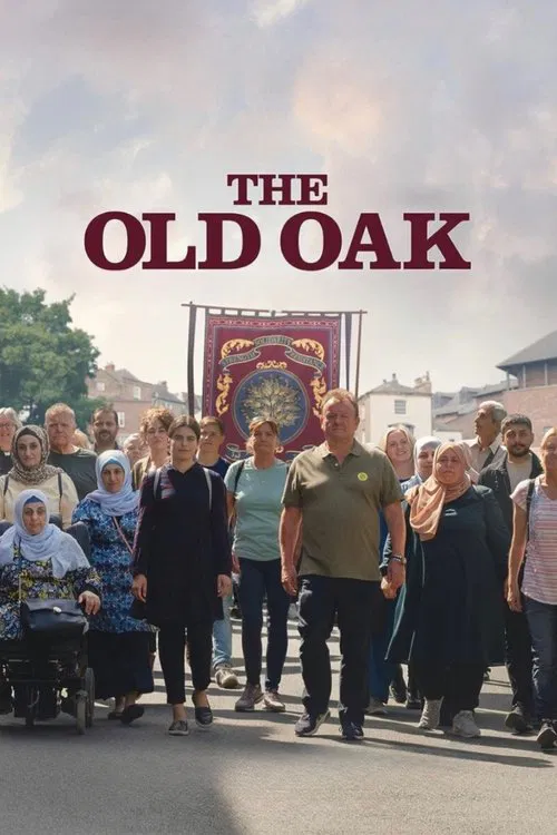 The poster features a group of diverse elderly people walking together on a sunny day, with a large banner behind them. The warm colors of the clothing and the bright sky evoke a sense of community and nostalgia.