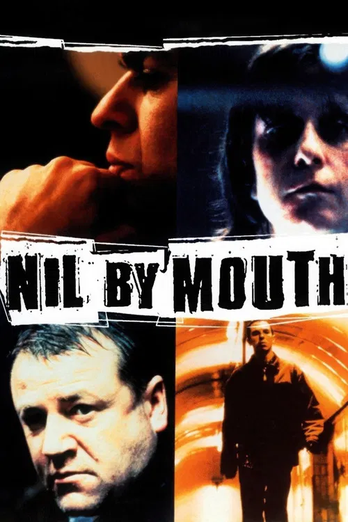 The poster features a collage of faces and silhouettes, evoking a noir atmosphere with muted tones and dramatic lighting. The title "Nil by Mouth" stands out in bold white letters, hinting at themes of silence and hidden truths. The overall mood is mysterious and suspenseful, capturing the essenc...