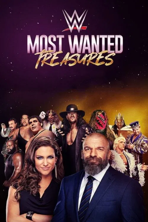 The poster features a dramatic scene with WWE wrestlers in a dark, starry sky, creating an intense and mysterious atmosphere. The color palette blends deep purples and blacks with warm golden hues, emphasizing the show's gritty and high-stakes tone.