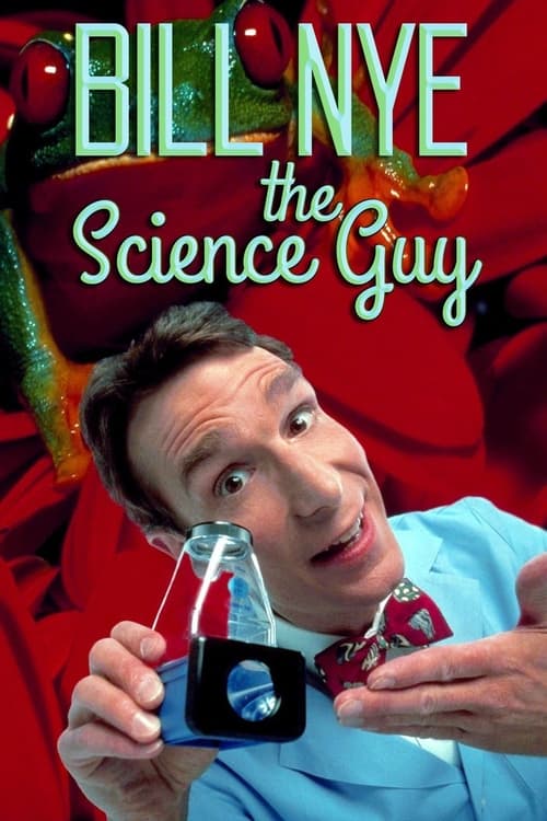 Bill Nye the Science Guy holds a beaker in a blue shirt against a vibrant red background, exuding curiosity and excitement.