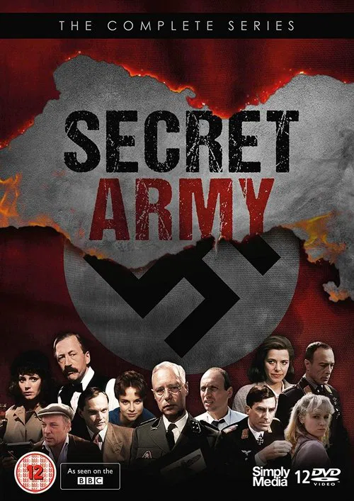 The poster features a dramatic scene with a Nazi swastika emblem against a backdrop of a map, suggesting conflict and historical drama. The characters are dressed in formal attire, conveying a serious tone. The colors are intense, with deep reds and blacks dominating the design, evoking a sense o...