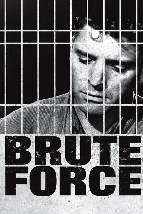 The poster features a muscular man in a yellow shirt holding a rifle, surrounded by shadowy figures in dark suits. The bold red background contrasts sharply with the white and black tones, creating a gritty, intense atmosphere. The title "Brute Force" is prominently displayed in large white lette...