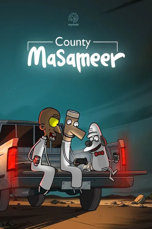 The poster features anthropomorphic characters in a cartoon style, riding a pickup truck against a dark, moody sky. The warm tones of the truck contrast with the cool blues of the background, creating a mysterious and adventurous atmosphere. The characters' expressions suggest camaraderie and exc...