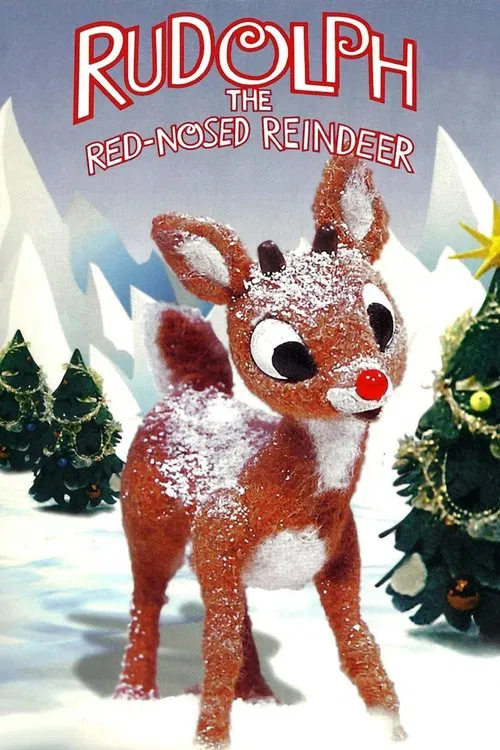 This festive poster features Rudolph, the red-nosed reindeer, standing amidst snowy mountains and Christmas trees. The warm reds, greens, and whites evoke a cozy holiday mood, while the soft, fluffy texture of the reindeer adds a whimsical charm.