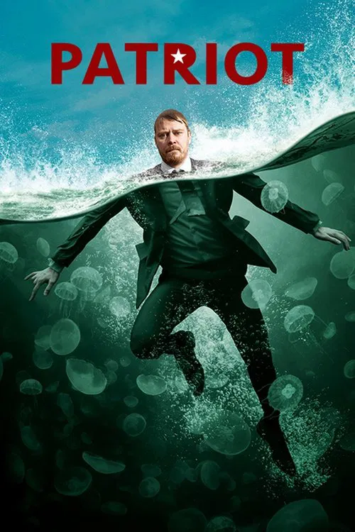 The poster features a man in a suit emerging from the ocean, his arms outstretched as he glides through the water. The deep blue-green hues and bubbles create an underwater atmosphere, while the bold red title "PATRIOT" anchors the image.