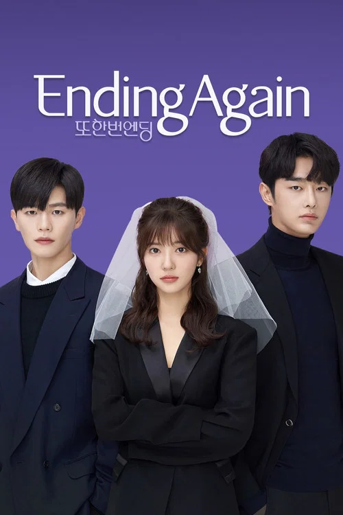 The poster features three individuals in formal black attire against a deep purple background, evoking a somber yet hopeful mood. The title "Ending Again" is prominently displayed in elegant white lettering, suggesting a narrative of resilience and renewal.