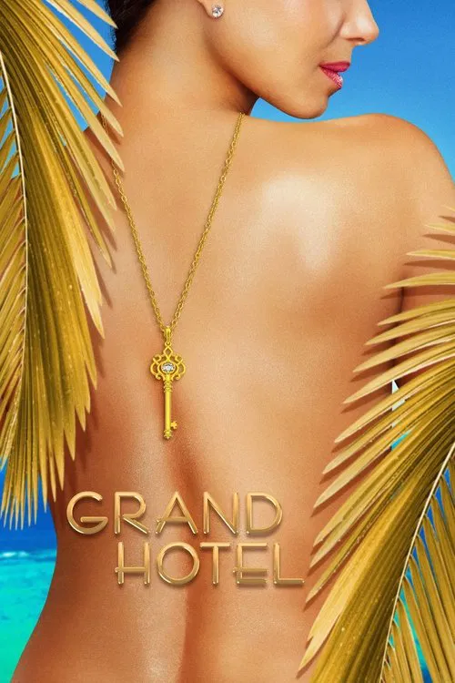 The poster features a woman with her back turned, adorned with a gold key necklace, set against a vibrant blue sky and lush golden palm leaves. The warm, luxurious colors evoke a sense of elegance and mystery, hinting at the show's themes of intrigue and opulence.