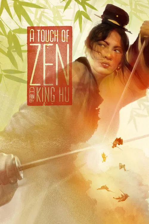 The poster features a serene Zen master in traditional robes, surrounded by bamboo and soft, ethereal light. The warm, golden hues evoke a peaceful, contemplative mood, while the title "A Touch of Zen" in bold red letters adds a touch of elegance.