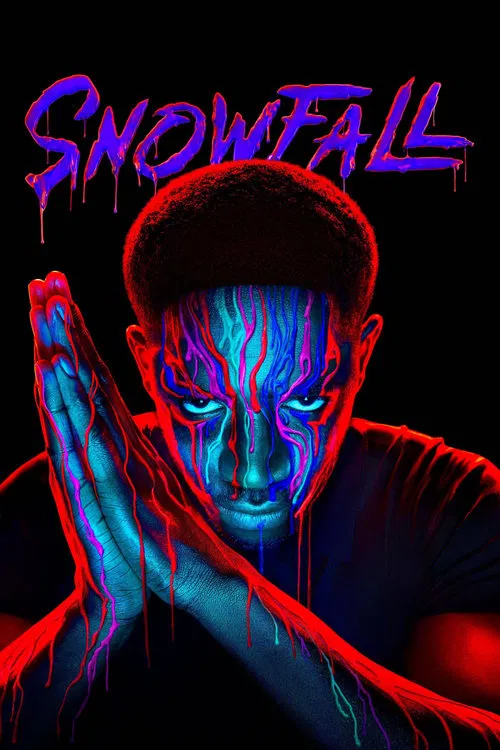 The poster features a striking figure with glowing blue and red eyes, set against a dark background. The title "SNOWFALL" is prominently displayed in purple, evoking a cold, mysterious atmosphere. The image conveys a sense of supernatural intrigue and eerie beauty.