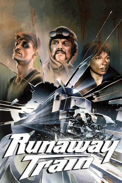 The poster features a rugged man in a red hooded jacket and a snowy man in a fur hat, evoking a cold, adventurous atmosphere. The title "Runaway Train" is prominently displayed in bold red letters, suggesting a thrilling journey through challenging terrain.