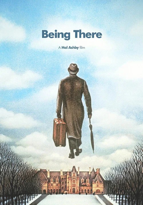 The poster features a lone figure in a trench coat and hat walking down a snow-covered path toward a grand, historic building under a cloudy sky. The muted tones of brown, gray, and white evoke a somber, melancholic mood, suggesting themes of isolation and longing.
