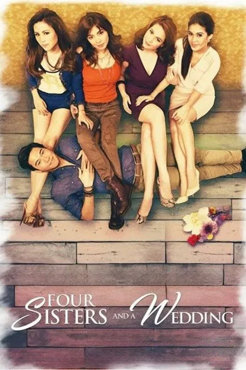 The poster features four sisters in a warm, sunlit wedding setting, with one woman reclining on the floor while the others sit on wooden logs. The vibrant colors and joyful expressions convey a lively, celebratory mood.