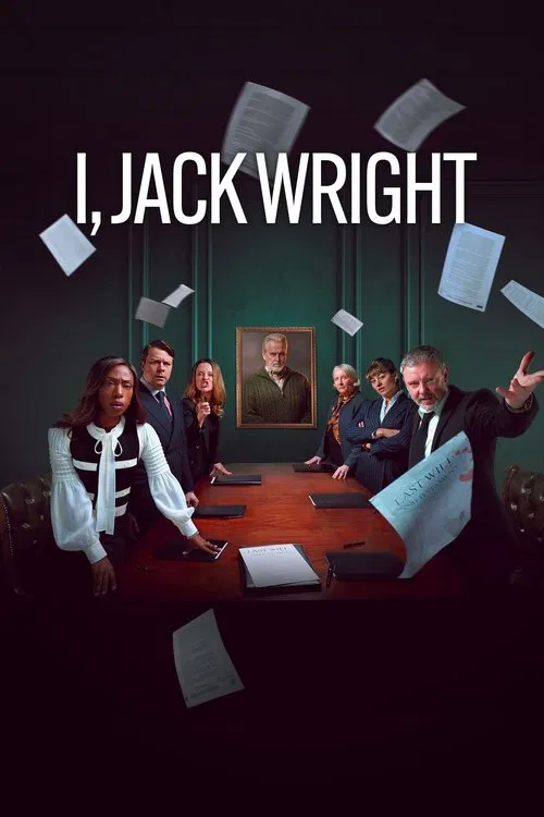 The poster features a group of people in formal business attire gathered around a desk, with one man gesturing emphatically while others look attentive. The room is dimly lit with a muted green wall and a framed portrait in the background. Papers float above, suggesting a dynamic or dramatic scen...
