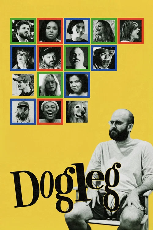 The poster features a collage of black-and-white portraits against a vibrant yellow background, evoking a sense of mystery and intrigue. The bold, stylized title "Dogleg" dominates the lower section, while the central figure of a man with a beard and a relaxed posture adds a human element to the ...