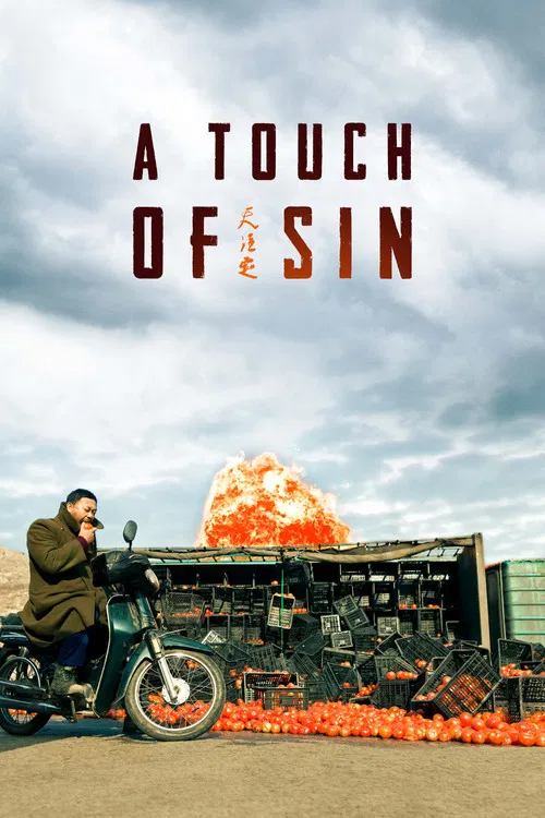 The poster features a rugged man in a dark coat and sunglasses, gripping the handlebars of a vintage motorcycle against a backdrop of rugged desert terrain. The sky is filled with dramatic clouds, and the overall composition evokes a sense of adventure and mystery. The color palette is rich with ...
