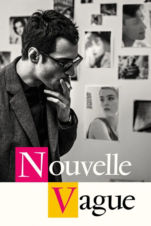 The poster features a man in sunglasses and a suit, holding a phone to his ear, exuding mystery and sophistication. Vibrant vertical stripes of pink, blue, orange, and green add a psychedelic touch to the design, while the title "Nouvelle Vague" stands out in bold, colorful letters. The overall m...