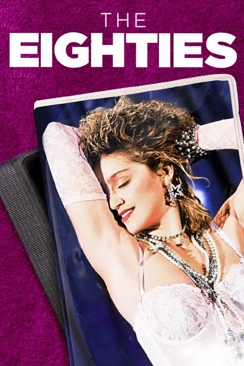 The poster features a glamorous woman with curly hair adorned with a flower crown, wearing a sparkling necklace and holding a white rose. The background is a deep purple, and the title "THE EIGHTIES" is prominently displayed in bold white letters at the top. The overall mood is romantic and nosta...