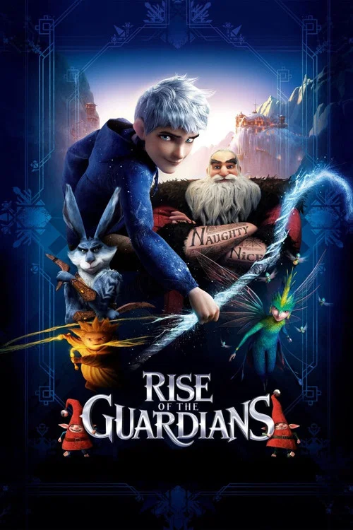 This movie poster features a group of animated characters in a magical, fantastical setting. The characters are surrounded by vibrant colors like blue, red, and gold, creating a lively and enchanting atmosphere. The mood is whimsical and adventurous, inviting viewers into a world of magic and won...