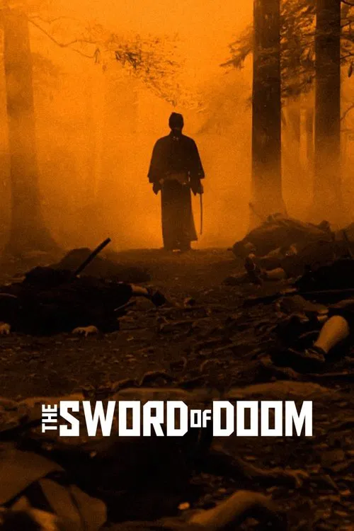 The poster features a lone figure standing amidst a foggy forest, evoking a sense of isolation and mystery. The warm, ominous orange hues dominate the scene, creating an eerie atmosphere. The title "The Sword of Doom" is prominently displayed at the bottom, hinting at a dark, suspenseful narrative.