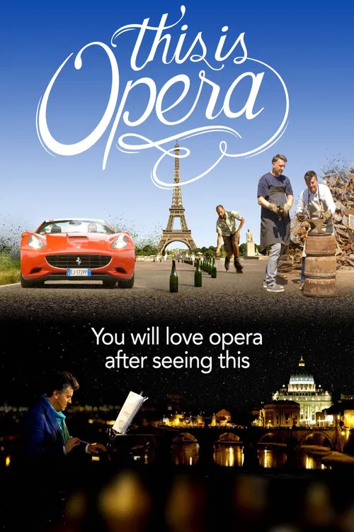 This TV poster for "This is Opera" features a vibrant Parisian scene with a red Ferrari, Eiffel Tower, and Parisian architecture. The warm sunset colors evoke a romantic and nostalgic mood, inviting viewers to experience the opera's magic.
