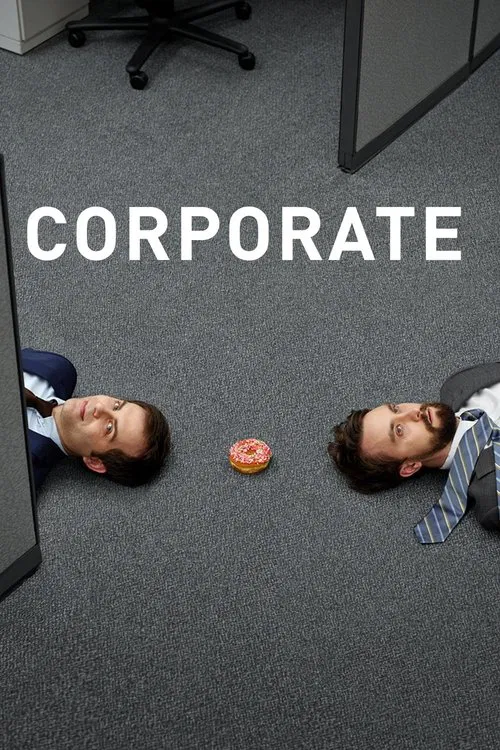 The poster features two men lying on a gray carpet, their heads tilted back in exhaustion. A small orange donut sits between them, symbolizing the mundane yet relatable nature of corporate life. The bold white text "CORPORATE" dominates the center, emphasizing the theme of relentless work.
