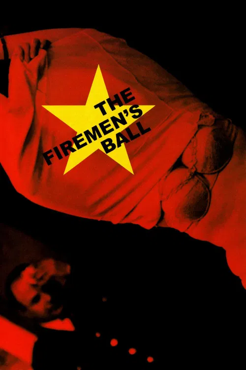 The poster features a dramatic red background with a bright yellow star in the center. A figure in a suit is partially visible, holding a red flag with the text "The Firemen's Ball" written on it. The dark tones and intense colors convey a sense of urgency and drama.