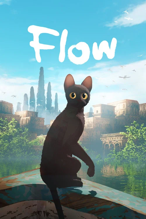 The poster features a sleek black cat with glowing yellow eyes, swimming through a vibrant underwater scene filled with colorful fish and bubbles. The word "Flow" is prominently displayed in bold white letters at the bottom, evoking a sense of freedom and natural beauty.